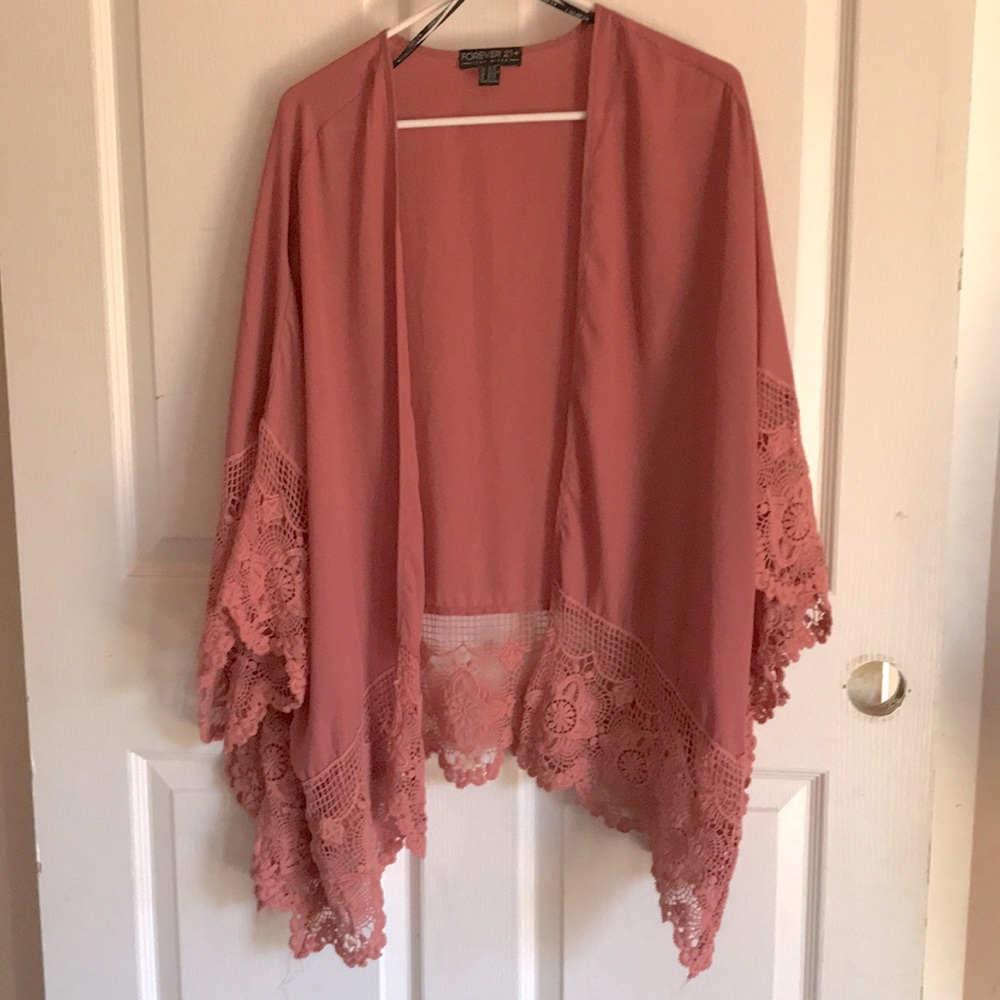 Forever 21+ Kimono Cardigan w/ Lace Detail